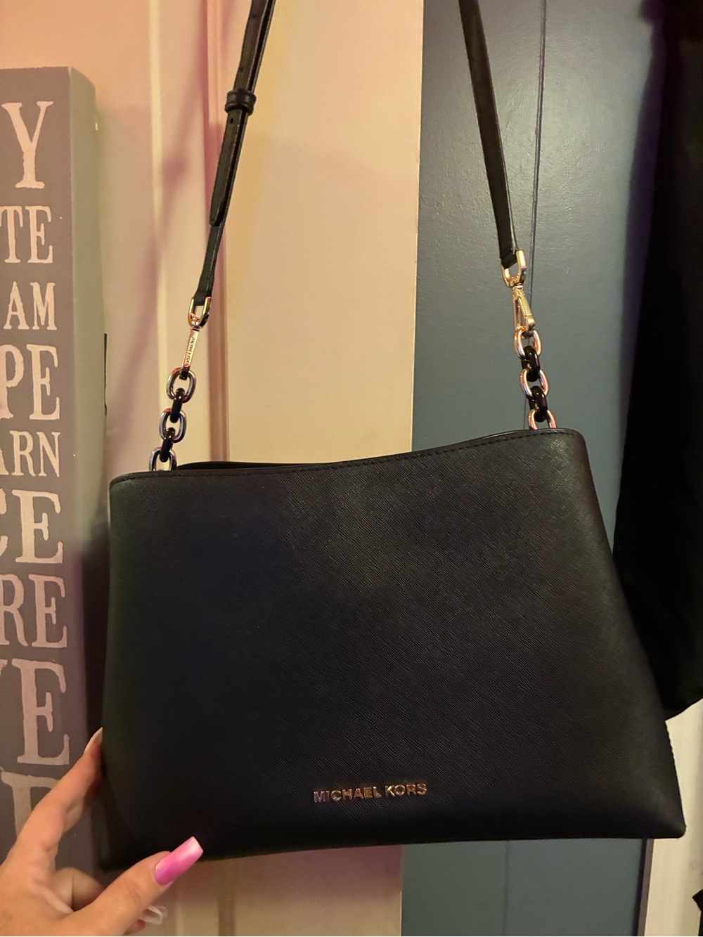Michael Kors Black Leather Shoulder Bag with Gold Hardware